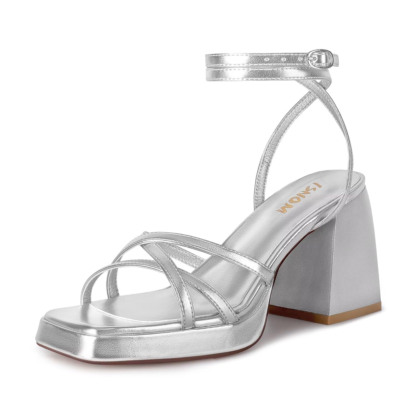 Photo 1 of ISNOM Silver Heels for Women Platform Heels Sandals Comfy Strappy Short Block Chunky Sandals Ankle Strap Summer Heeled Sandals Square Open Toe for Wedding Work Party Dressy Prom,Silver,Size 8