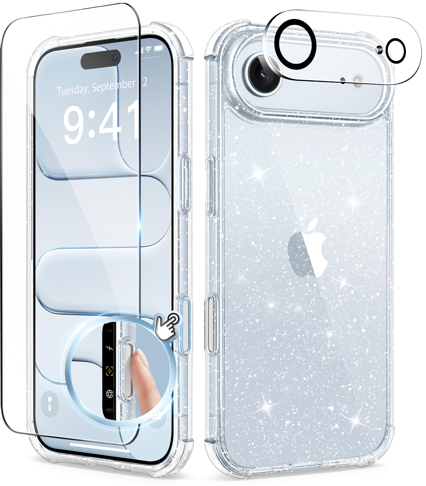 Photo 1 of BERFY for iPhone Air Case for Women, with Screen Protector & Camera Lens Protector, Anti-Yellowing, Clear Glitter Shockproof Protective Phone Case for iPhone 17 Air 6.5", Sparkle Clear