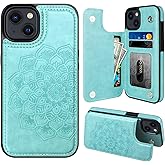 MMHUO for iPhone 15 Case with Card Holder,Flower Magnetic Buttons Protective Wallet Case for Women for iPhone 15,Mint