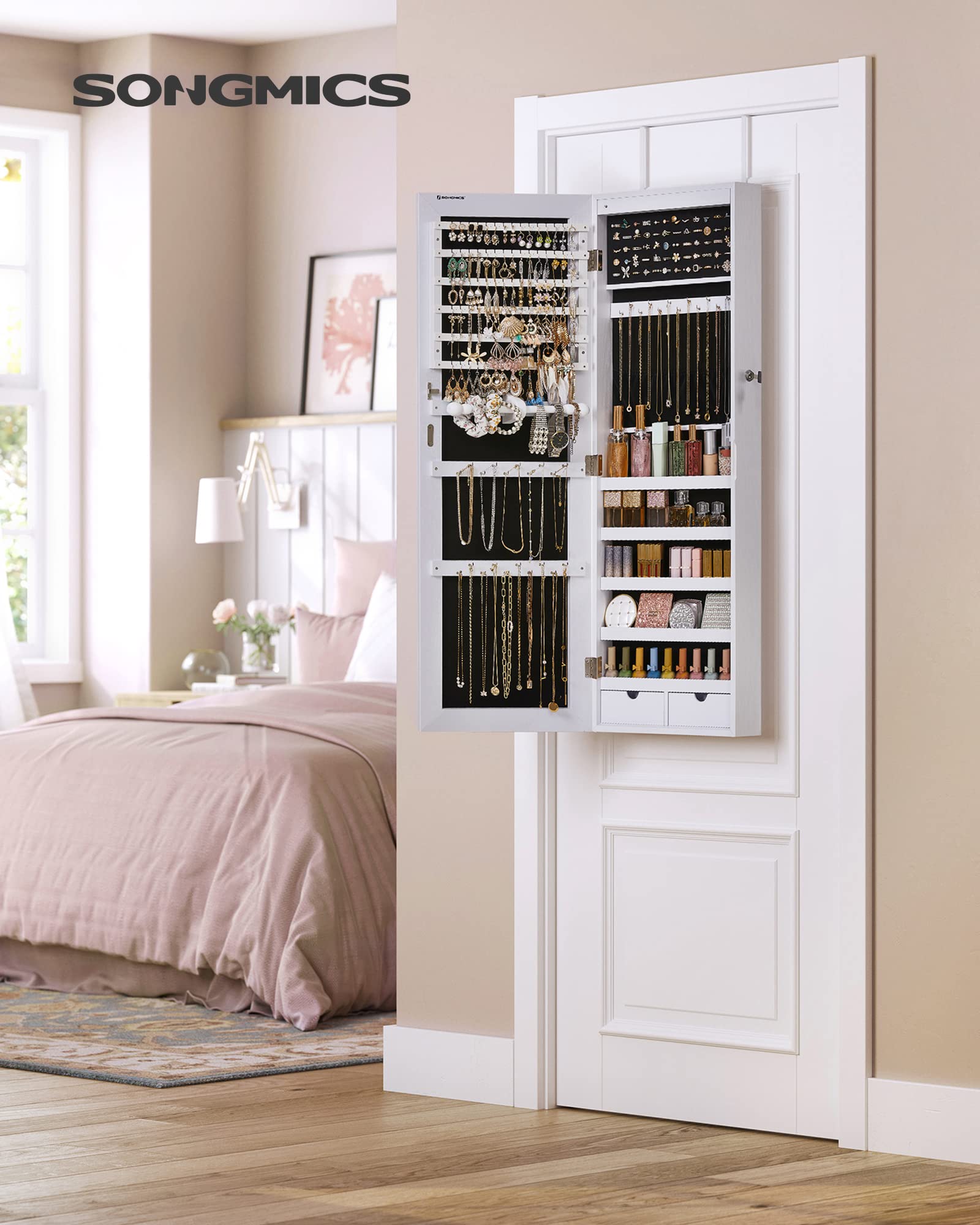 SONGMICS SONGMICS Hanging Jewelry Cabinet, Wall-Mounted Cabinet with LED Interior Lights, Door-Mounted Jewelry Organizer, Full-Length Mirror, Gift Idea, White UJJC99WT