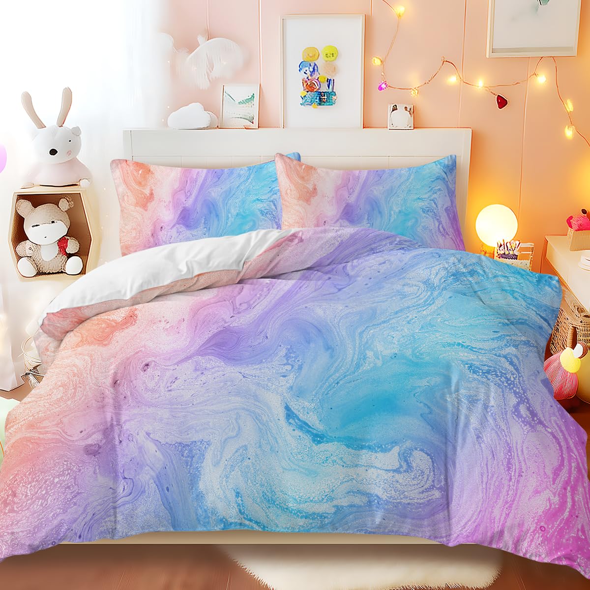 BlessLiving Single Bed Sets for Girls Pastel Duvet Cover Set 3-Piece Ombre Bedding Cute Marble Pattern for Kids Teens, Pastel Pink Blue and Purple, 1 Duvet Cover & 2 Pillowcase (Single)
