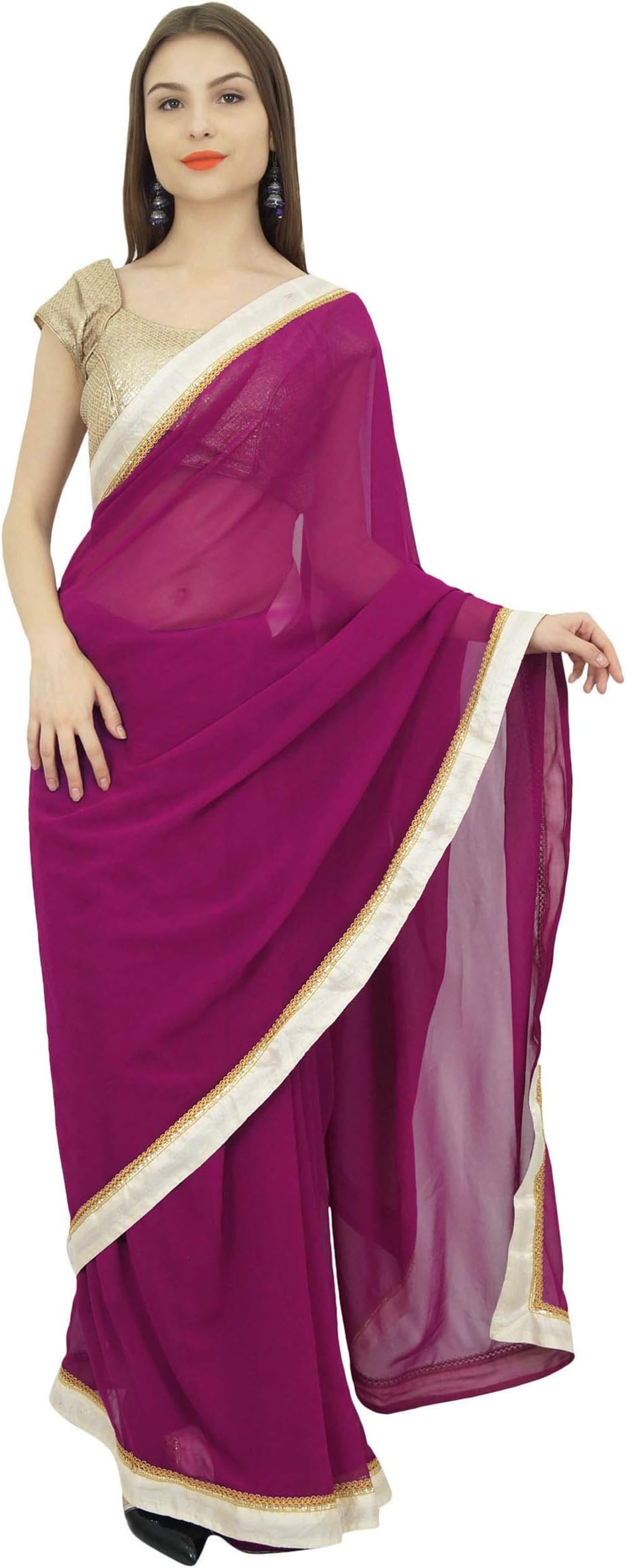 Atasi Women's Ethnic Solid Plum Sari Casual Georgette Saree With Blouse Piece