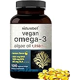 Vegan Omega 3 Algae Oil Supplement, 120 Veggie Softgels | Carrageenan Free, Plant-Based DHA & DPA | Fish Oil Alternative | Full Spectrum of Omega 3 with Flaxseed & ALA | Lemon Flavored