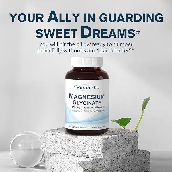 VITAMISTIC MAGNESIUM GLYCINATE, CHELATED, HIGHLY BIOAVAILABLE, FULLY REACTED & NON-BUFFERED, GENTLE ON THE STOMACH, 140 MG ELEMENTAL MAGNESIUM, FOR SLEEP, BONE, MUSCLE, NON GMO, 120 VEGAN CAPS