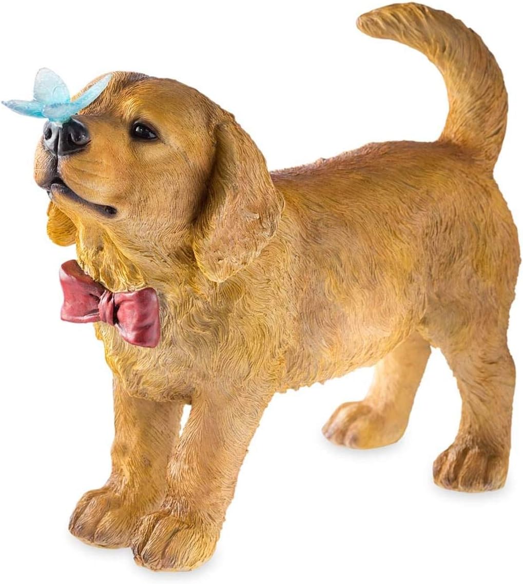 Plow & Hearth Golden Retriever Puppy Dog Yard and Garden Statue with Red Bow Tie, Solar-Powered Blue Butterfly Accent and Built-in Solar Panel on Back - 14.5 L x 6 W x 11 H