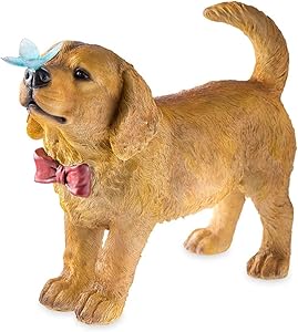 Plow & Hearth Golden Retriever Puppy Dog Yard and Garden Statue with Red Bow Tie, Solar-Powered Blue Butterfly Accent and Built-in Solar Panel on Back - 14.5 L x 6 W x 11 H