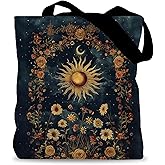 LADOCK Gloomy Boho Sun Floral Tote Bag, Witchy Gothic Sun and Moon Night Canvas Tote Bags for Women, Mystical Celestial Boho Botanical Reusable Grocery Shopping Bags