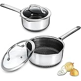 Bakoniion Hybrid Nonstick Saucepan Set of 2 with Lids 1.5 QT and 3 QT, Stainless Steel Honeycomb Pans with Side Pour Spouts,C
