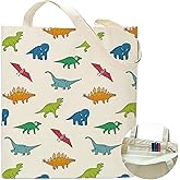 BOONEST Colorful Cute Dinosaur Canvas Tote Bag Shoulder Zipper Pocket Aesthetic Women Teacher Lady Shopping Handbag Preppy College Book Reusable Grocery Work Storage Party Personalized Cloth Cotton