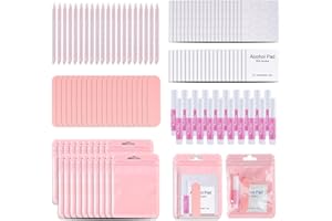 Press On Nail Tool Kit with Everything, Bebbtiy Nail Prep Tool Disposable Manicure Kit with Nail File, Nail Glue, Prep Pads, Adhesive Nail Tabs,Wood Stick, Packaging Bag (20pcs-pink)