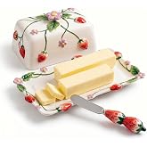 Ceramoira Cottage Strawberry Butter Dish w/ Lid &amp; Knife, Artisanal Handmade | Large Butter Holder for Countertop, Ceramic Covered Butter Tray w/ Spreader, Fits 2 Sticks, Embossed Country Farmhouse Decor