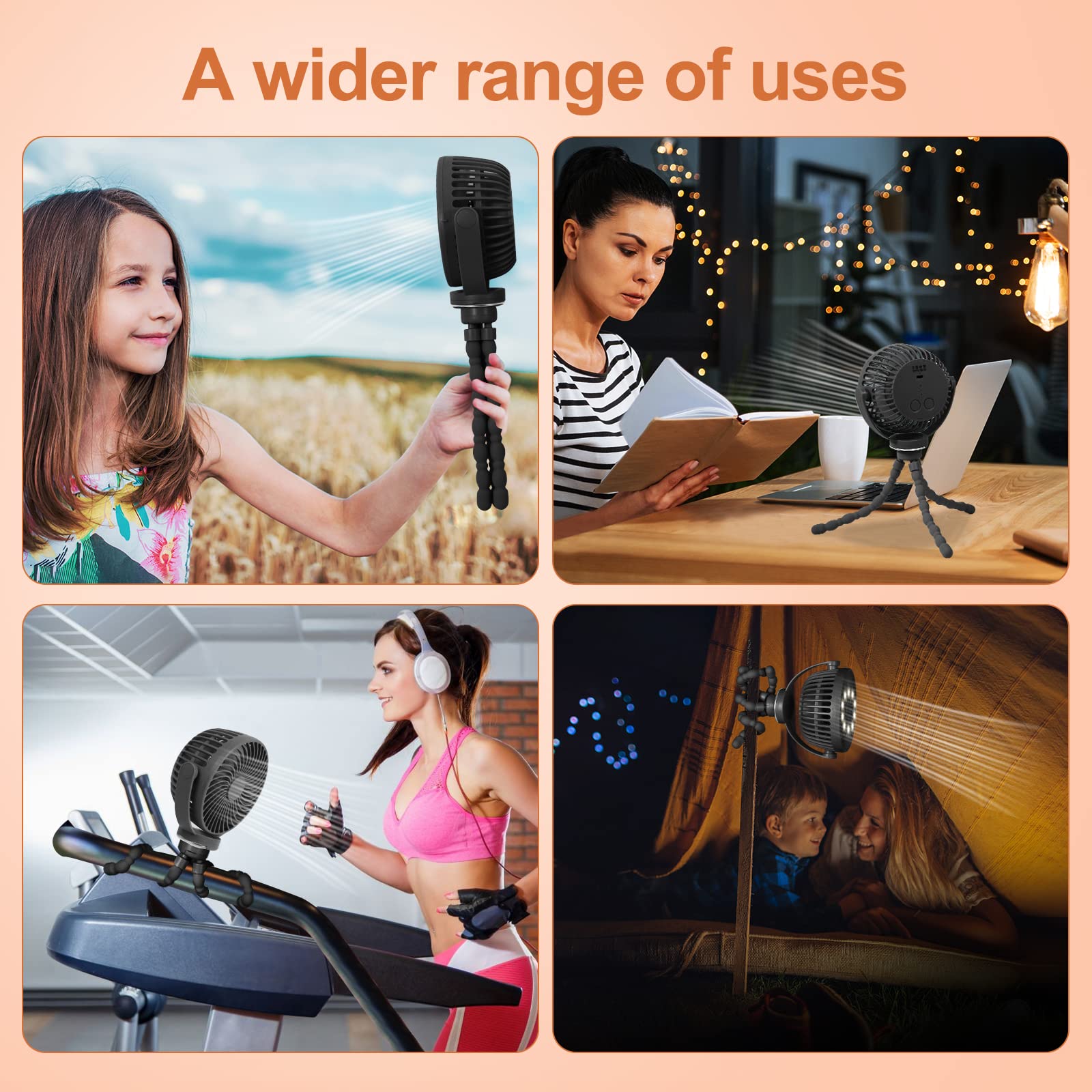 Car Fans for Backseat for Kids, 5200mAh Battery Operated Car Seat Fan, 3 Speeds, 360° Rotation Fan for Car, LED Lights, Ultra-Low Noise Level for SUV/RV/Truck/Sedan/Cruise/Office/Treadmill