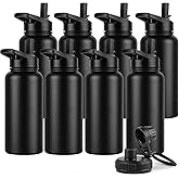 DOMICARE 32 oz Insulated Water Bottle Bulk, Vacuum Insulated Stainless Steel Sports Water Bottle with Straw Lid & Spout Lid, Leakproof, Reusable - Travel, Camping, Bike, Black (8 Pack)
