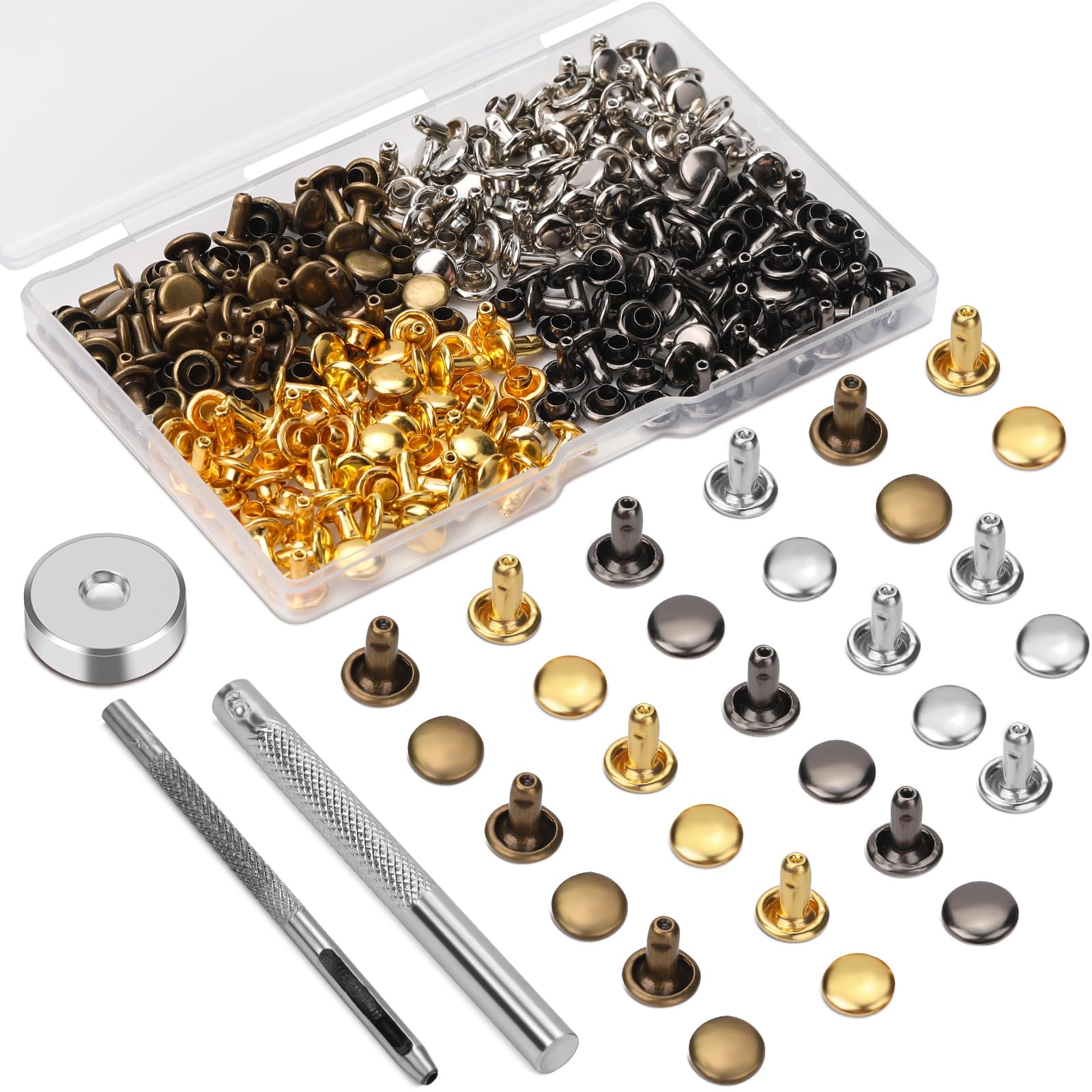 Leather Rivet Kit - Multicolor Double Cap Rivets, 6mm, 120 Sets - Includes Hollow Punch & Punch Tool for Leather Crafts, Clothes, Shoes, Jackets — image 1