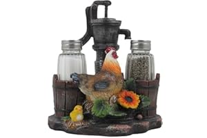 HOME 'N GIFTS Farm Chicken and Old Fashioned Water Pump Glass Salt and Pepper Shaker Set with Holder Figurine in Country Kitchen Rooster Decor, Sculptures and Statues and Rustic Gifts for Farmers