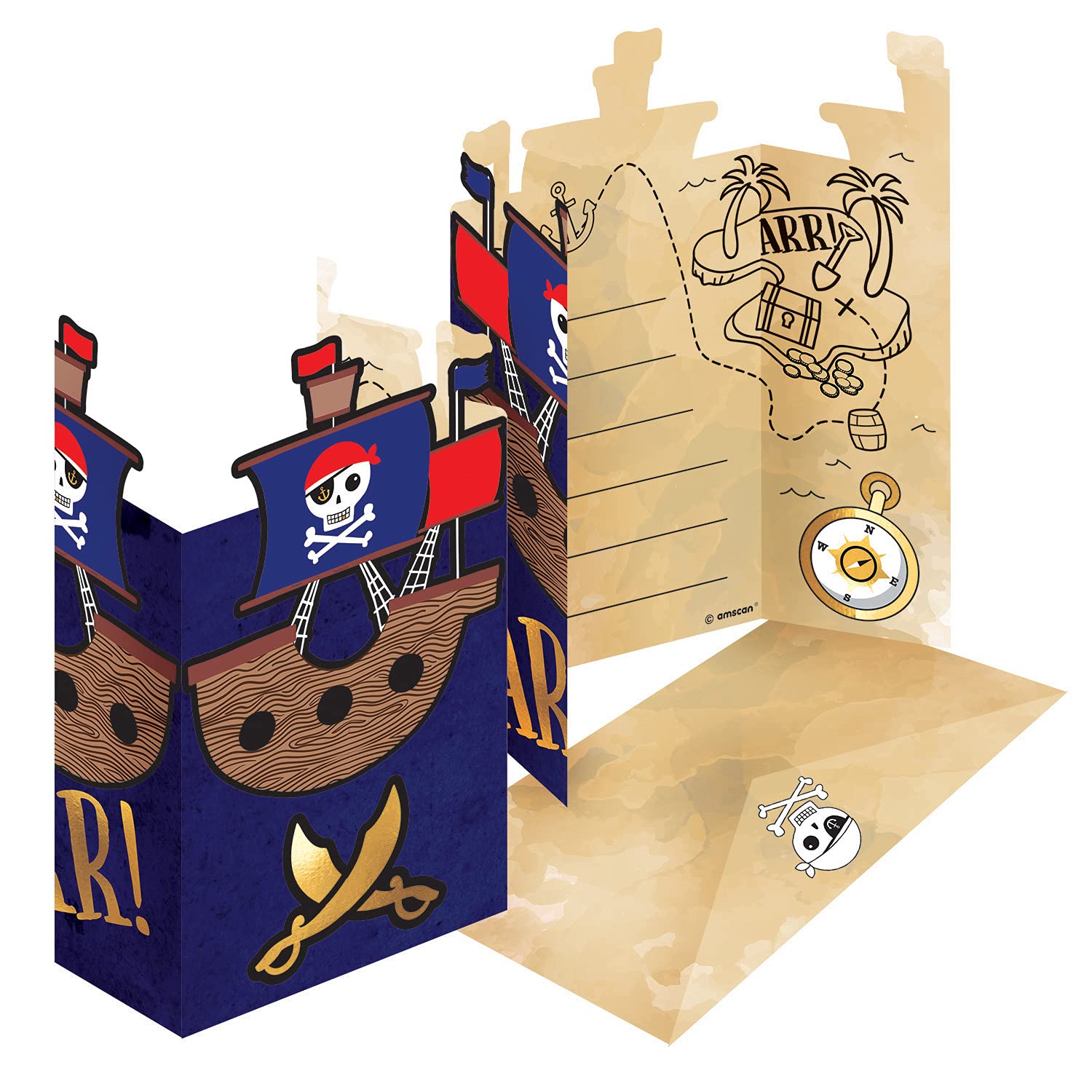 amscan 9909920 Pirate Invitation Cards, 8 Cards with Matching Envelope, Invitations, Children's Birthday, Themed Party, Carnival