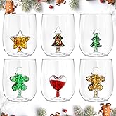 FoldTier 6 Pcs 17oz 3D Crystal Stemless Wine Glass Cup with Christmas Tree Gingerbread Man Love Glitter Star Christmas Stemless Wine Glass for Home Bar Party Juice Decor Festive Gifts
