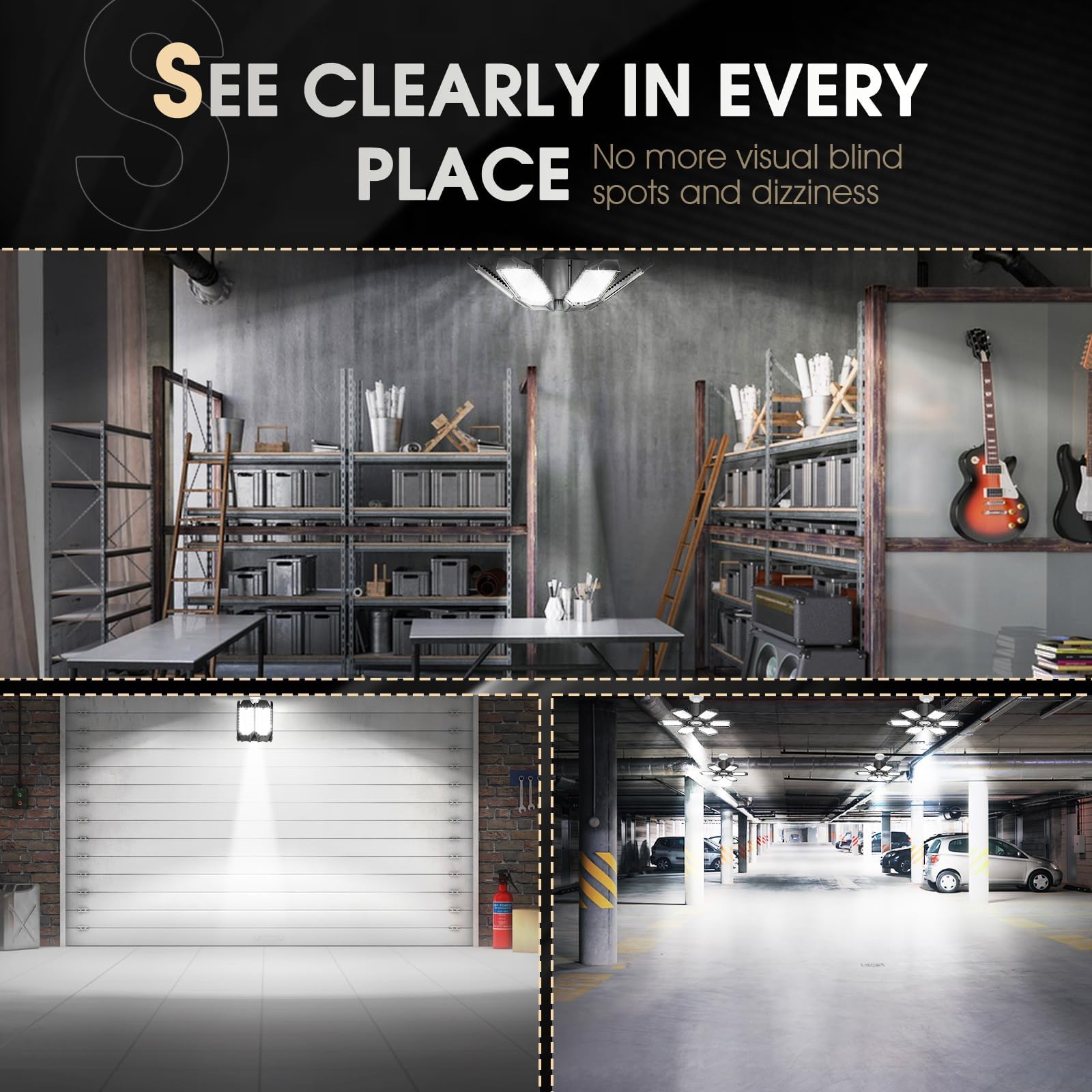 Adiding LED Garage Light 2 Pack Super Bright LED Workshop Ceiling Basement Lighting Fixture Srew in E26 E27 Bulb Socket with Adjustable Spotlight and 6 Deformable Panels for Warehouse Attic Cellar