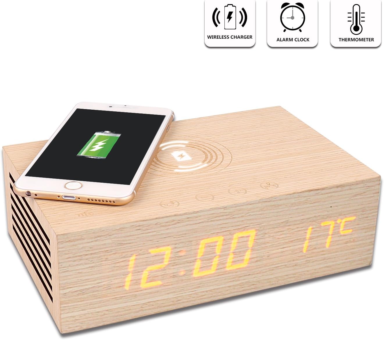 Homtime M9 Qi Wireless Charger Wooden Alarm Clock with USB
