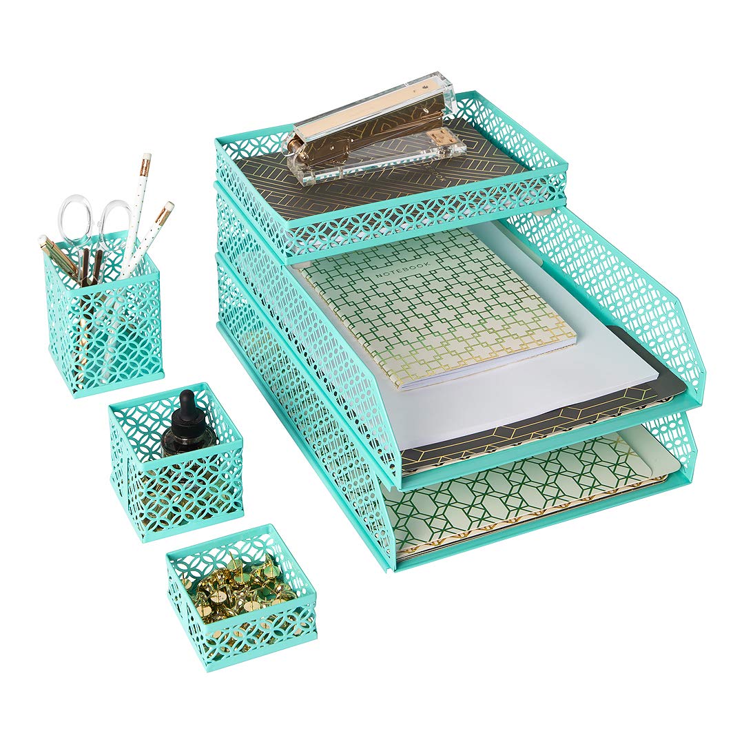 BLU MONACO Aqua Desk Organizer Set for Women – 6-Piece Interlocking Office Supplies Set, Pen Cup, 3 Accessory Trays & 2 Letter Trays, Rose Gold Paper Tray Holder