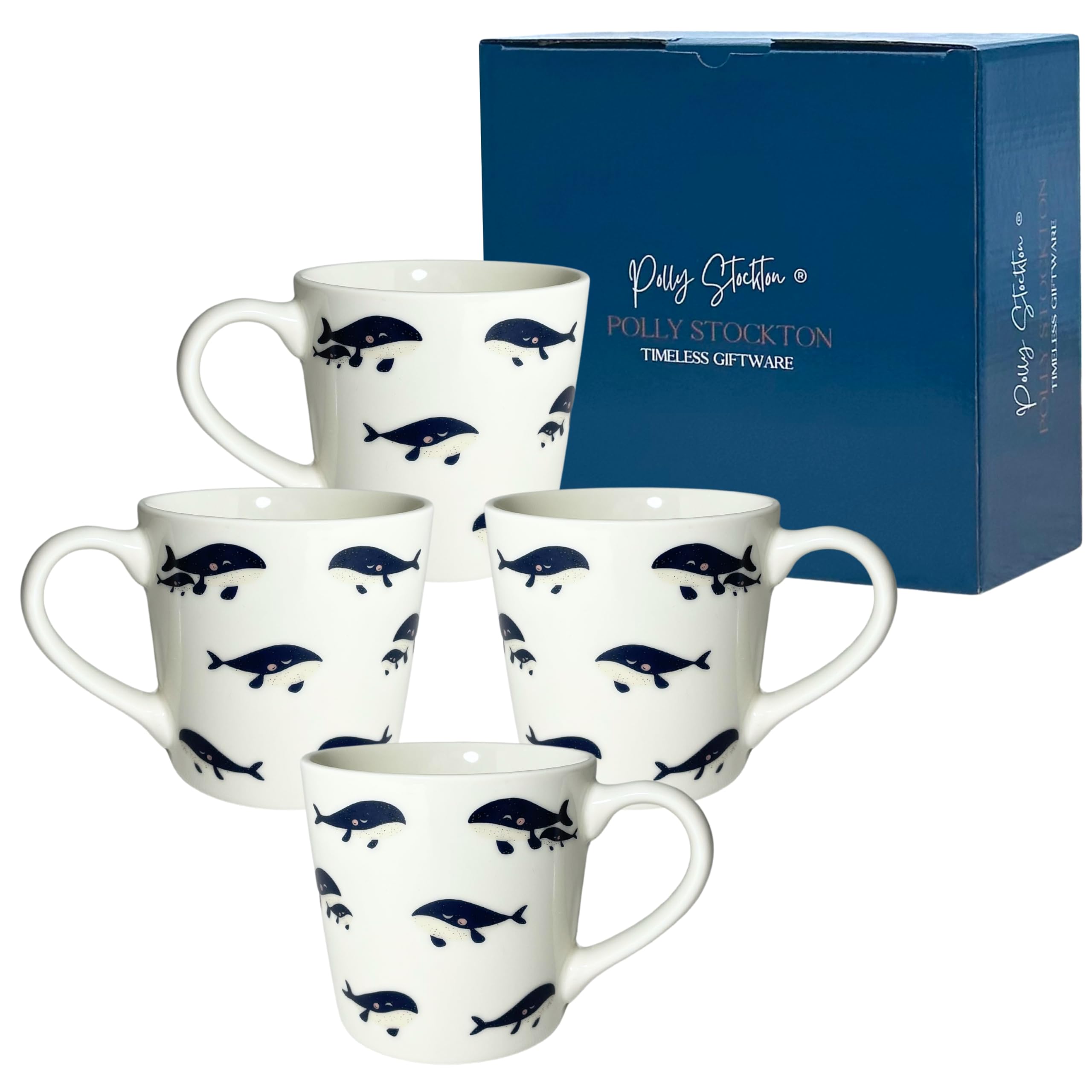 Polly Stockton Awesome Whale Mugs - Ceramic Coffee & Tea Mugs with Charming Whale Design. Tasteful Everyday Homeware, a Thoughtful Gift for All Animal Lovers - Set of 4, 400ml Capacity.