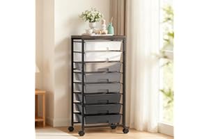 TIME FOREST Rolling Cart with 8 Drawers, Plastic Drawer Storage Carts with Wheels & Wooden Tabletop, Metal Utility Cart Organizer for Bedroom Living Room Office Classroom Craft Organization and Storage, Grey