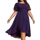 Ever-Pretty Plus Women's Round Neck Ruffles Sleeves Pleated Waist Chiffon Knee Length Plus Size Cocktail Dresses