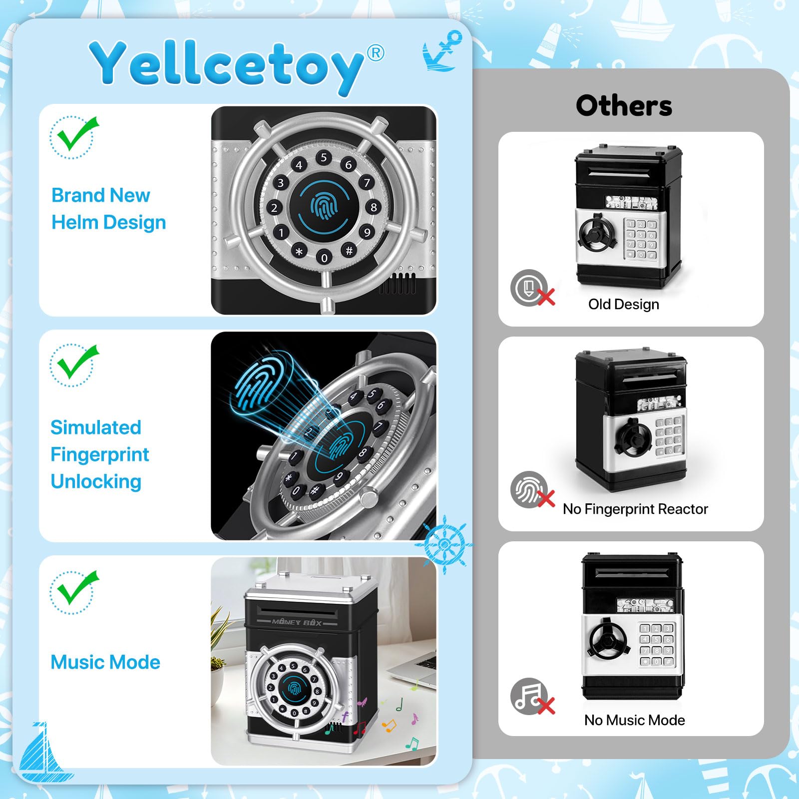 Yellcetoy Tresor Kinder, Steuerrad Spardose Kinder mit Code Elektrische Safe Sparschwein Sparbüchse ATM Piggy Bank, Geburtstag Weihnachts Geschenke für Jungen Mädchen 3 4 5 6 7 8+ Jahre Schwarz 2