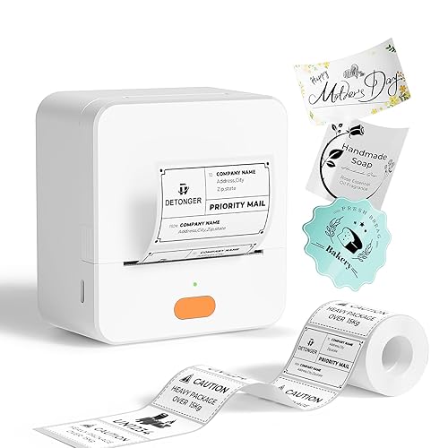 DETONGER Label Maker Machine with Tape P1 2 Inch Thermal Printer Portable Bluetooth Shipping Label Printer Sticker Maker Labeling Machine Home Office School Business Use Rechargeable White