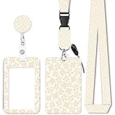 ID Badge Holder with Retractable Lanyard and Keychain, Badge Reel with Rotate Carabiner Clip,Beige Flower Card Name Tag Lanyard ID Protector Bage Clips for Student, Women, Office