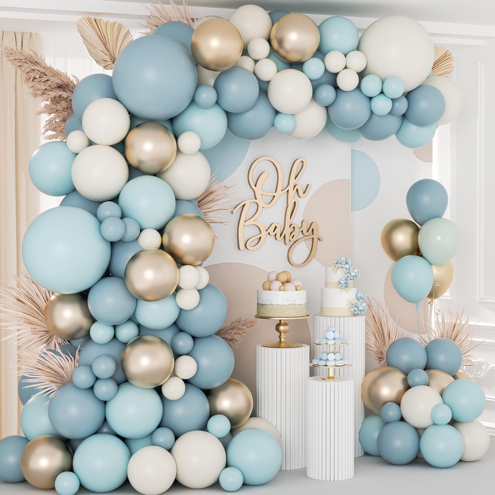 Photo 1 of 138Pcs Dusty Blue Balloons Arch Garland Kit, Dusty Baby Blue Sand White Metallic Gold Balloons for Bridal Shower Gender Reveal Birthday Baby Shower Decorations