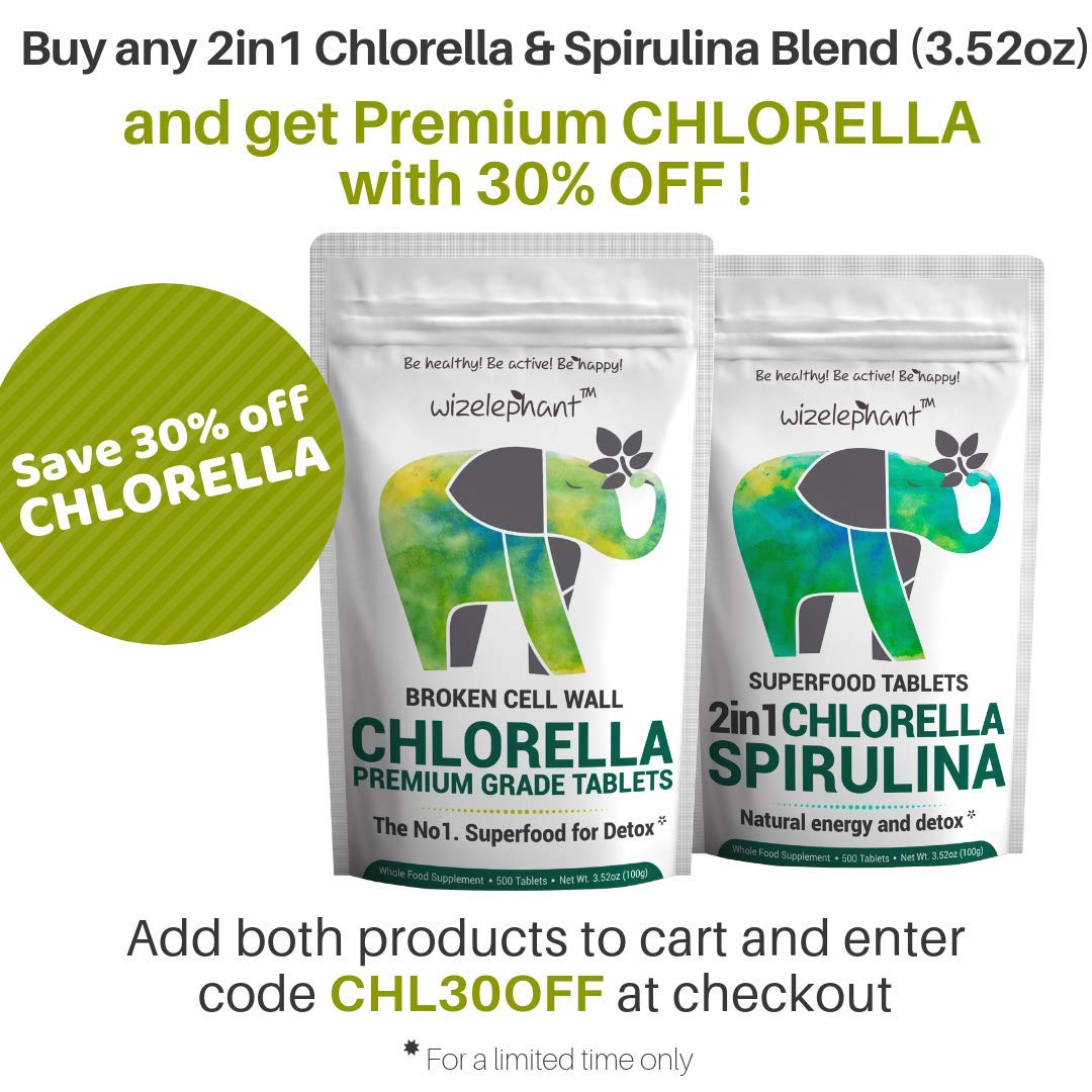 2 in 1 Chlorella & Spirulina Tablets. NonGMO. Premium Grade. Broken Cell Wall. 100 Pure