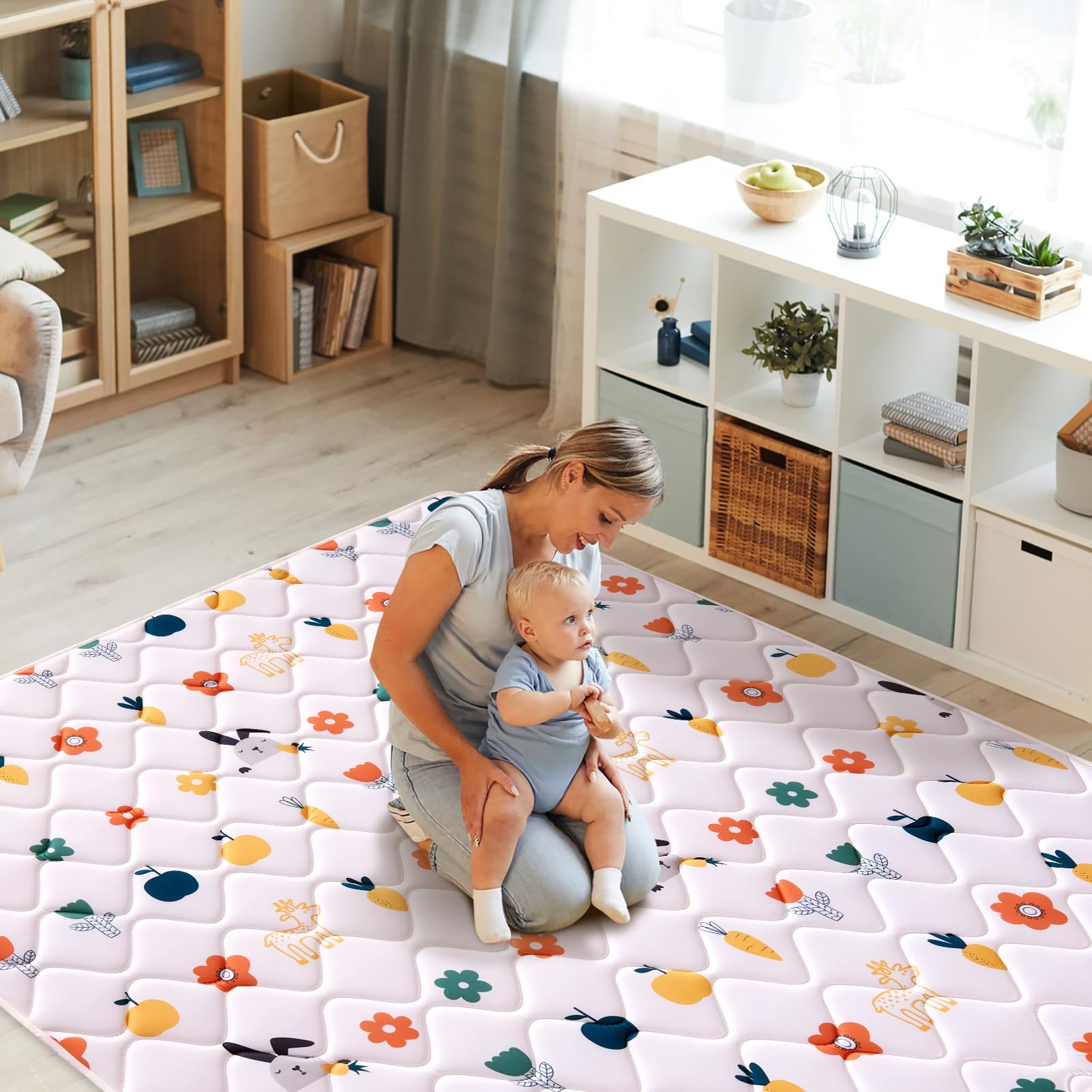 Odorless Premium Foam Baby Play Mat, Soft Microfiber Fabric Crawling Mat for Floor- Comfortable and Hypoallergenic, Non-Slip Cushioned Floor Playpen mat for Infants,Babies,Toddlers