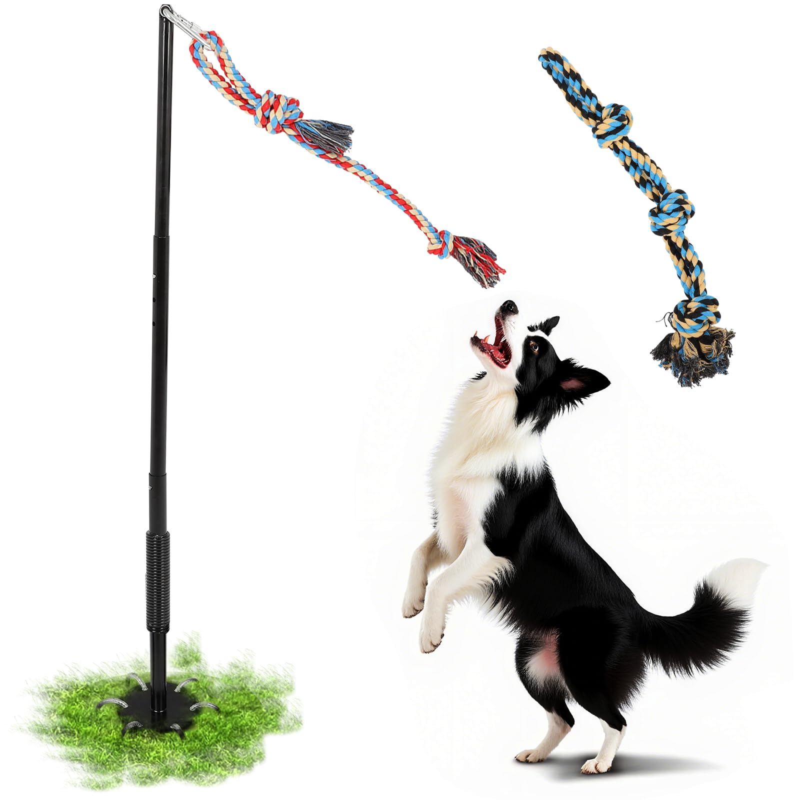Photo 1 of OLenyer Tug of War Dog Toy: Height Adjustable Spring Pole with 2 Ropes,Tether Tug Outdoor Interactive Dog Toy for Large Medium Dogs,Heavy Duty Dog Solo Play Exercise Toy