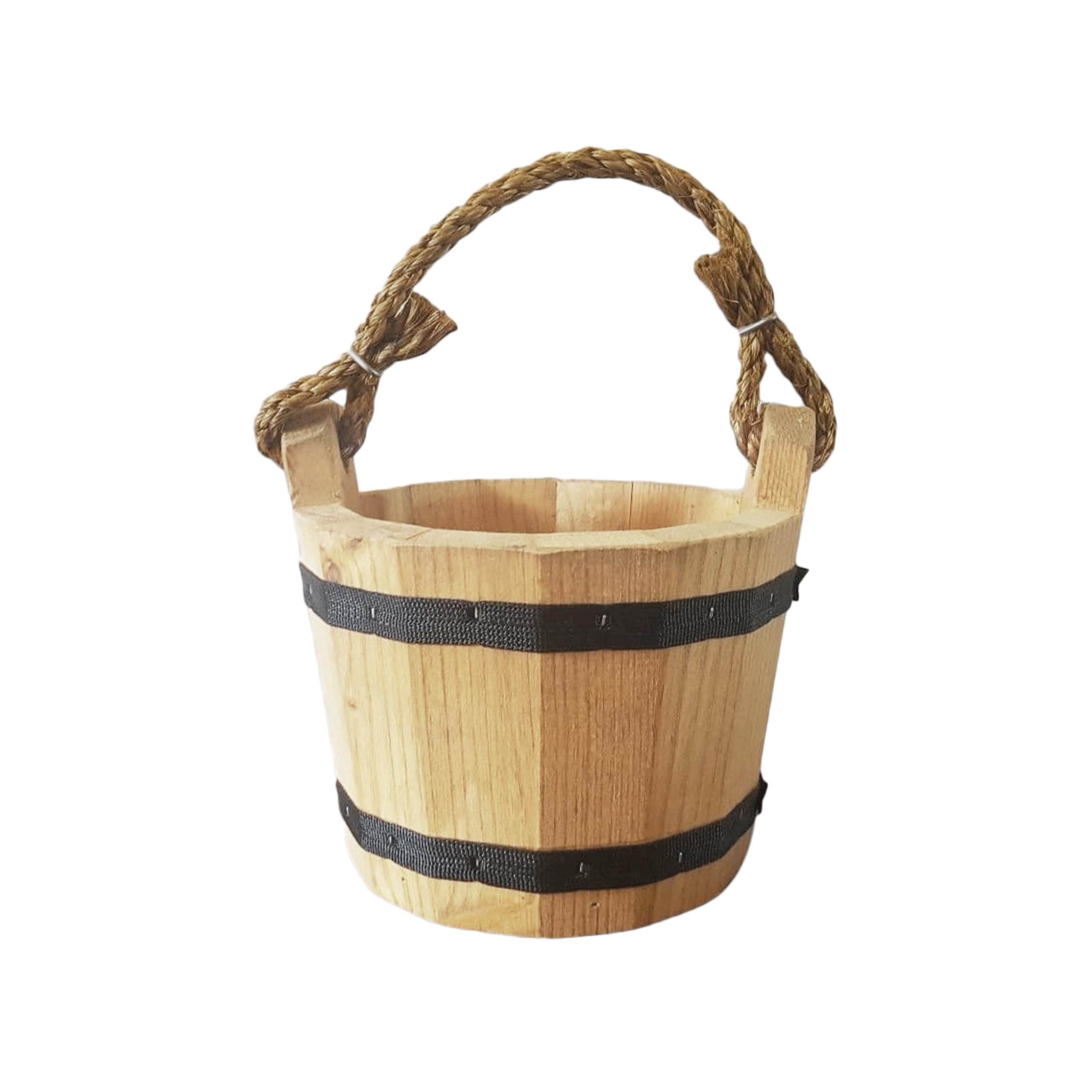 Good Wood Wooden Bucket Water Wishing Well Pail with Rope Twine Handle Solid Wood Vintage Style Primitive Planter - Made in the USA, 6" X 8"