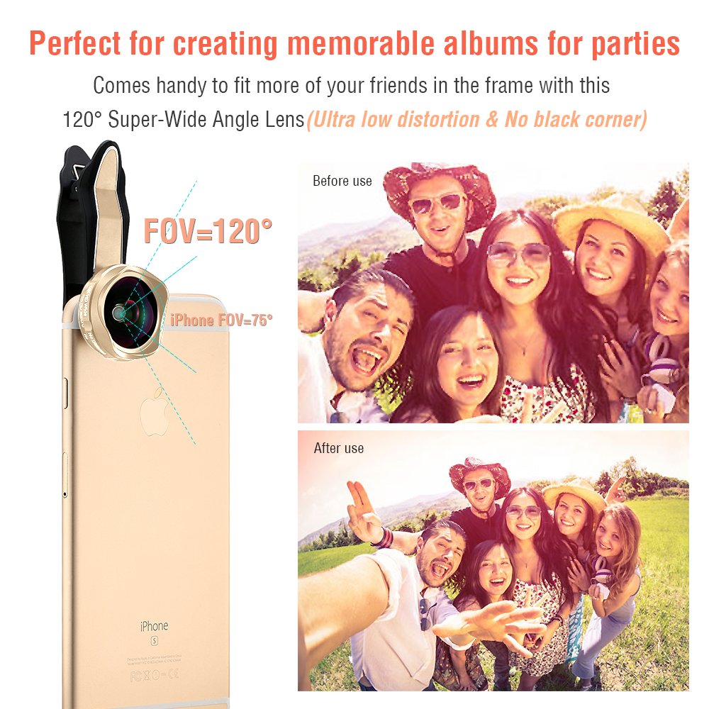 iPhone Lenses Kit - Universal 2 in 1 120°Wide Angle Lens & 15X Macro Lens, Cell Phone Camera Lens for iPhone 7/7 Plus/6s/6s Plus/6/5, Samsung Galaxy & More, Buy 1 Get 1 Free (Gold)