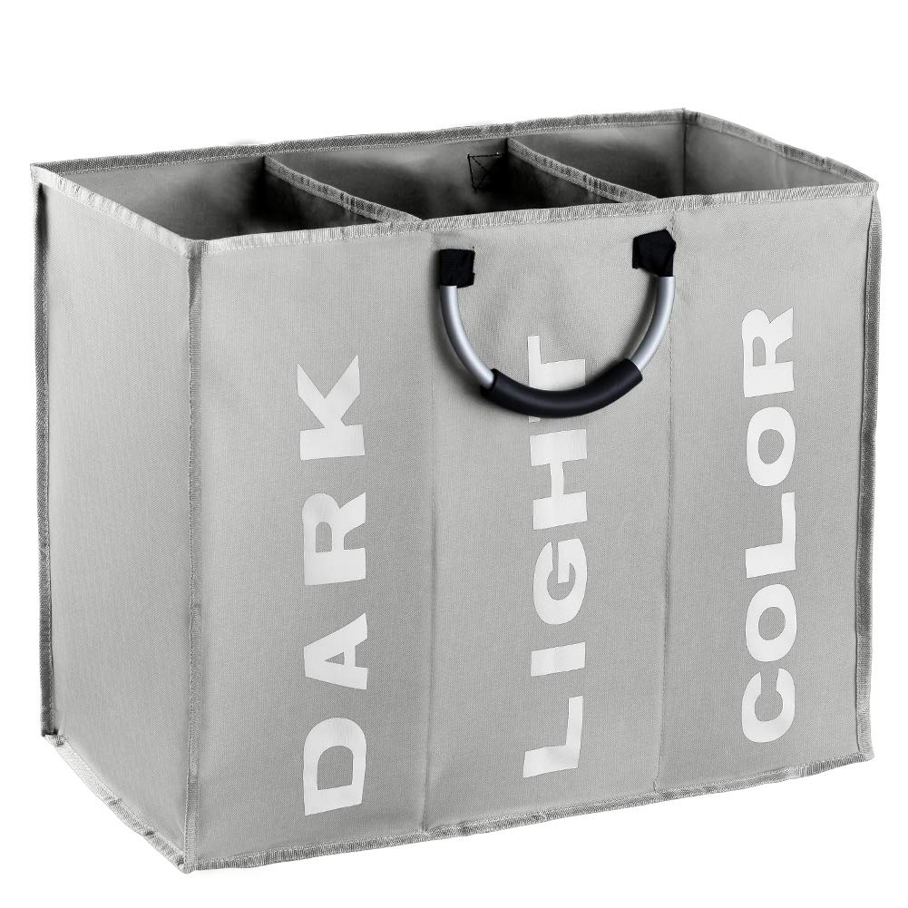 IHOMAGIC 3 Sections Large Laundry Hamper, Collapsible Laundry Bag, Foldable Washing Clothes Sorter, Storage Bag with Carry Handles, Dirty Clothes Bag for Bathroom, Bedroom, 90L, Light Grey