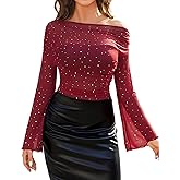 Avidlove Mesh Top for Women Long Sleeve Off The Shoulder Tops Sexy Clubwear Outfits Rhinestone Shirts S-XXL