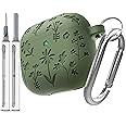DamonLight Flora Engraved Case for AirPods 4 with Active Noise Cancellation Cover Shockproof Protective Soft Silicone Case with Cleaning Pen and Keychain for Apple Airpods 4th Generation(Olive)