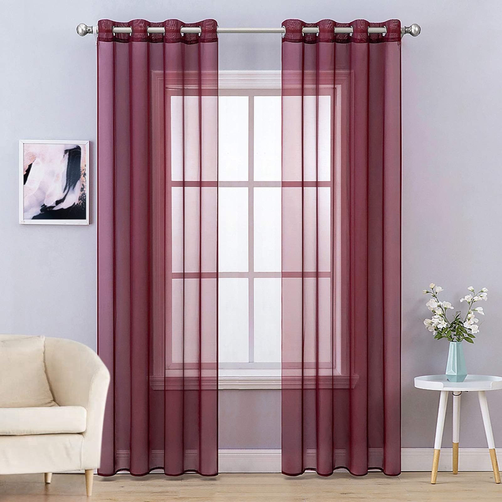 MIULEE 2 Panels Solid Color Sheer Window Curtains Smooth Elegant Window Voile Panels/Drapes/Treatment for Bedroom Living Room 55" Wx96 L, Grommet Top Red