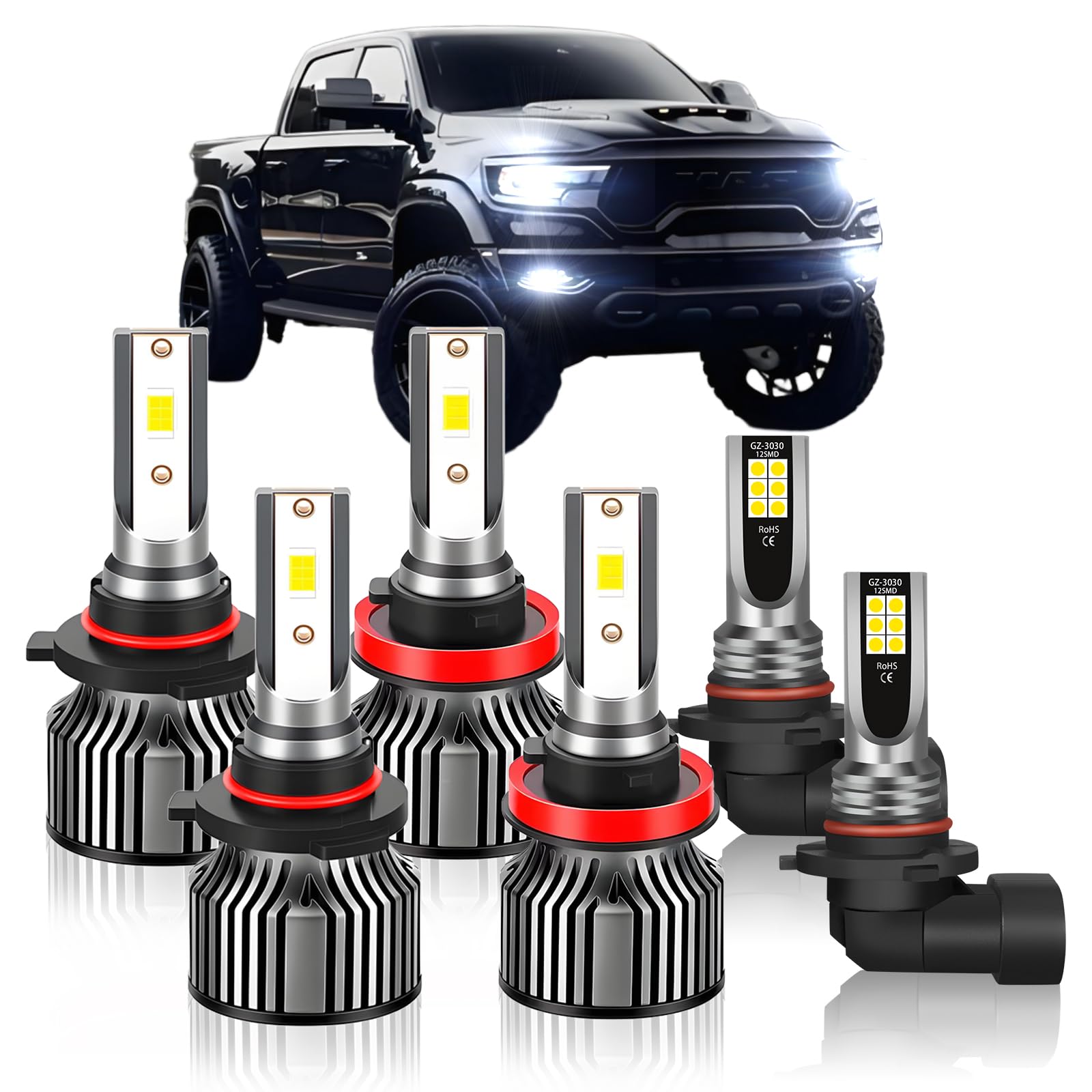 Photo 1 of Compatible For DODGE RAM 1500 2500 3500 2009-2018,High Beam +Low Beam + Fog Light Bulbs Combo, 6500K White, 400% Brightness with Cooling Fan, Plug and Play, Waterproof, Pack of 6