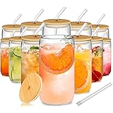 12Pcs Glass Cups with Lids and Straws - 16oz Can Shaped Drinking Glasses Set, Iced Coffee Cup, Beer Glasses Tumbler for Juice, Soda, Smoothie, Boba Tea, Whiskey, Cocktail Include 2 Cleaning Brushes