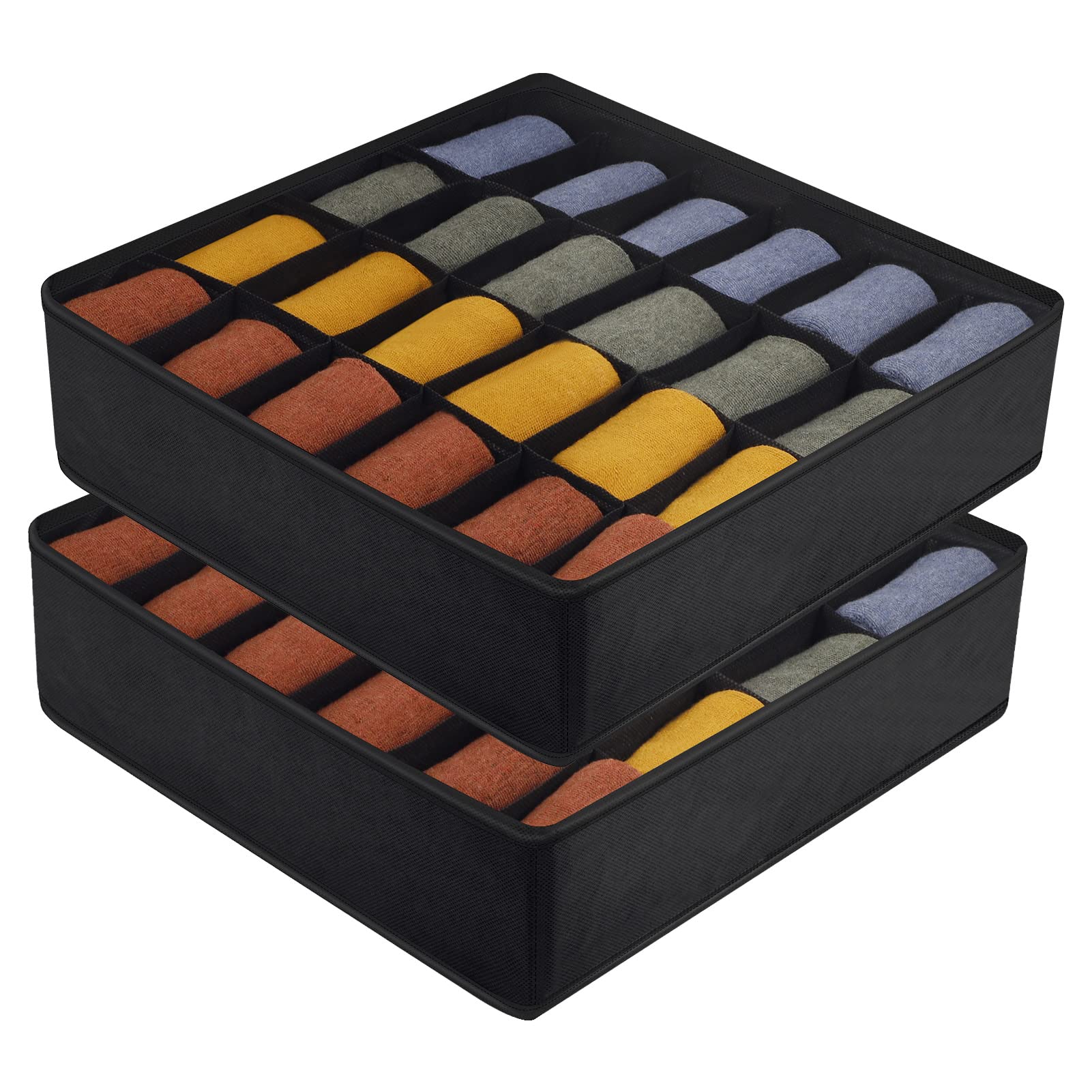 Yorgewd Drawer Organisers - 2 Pack, Foldable Dividers Wardrobe Closet Storage Box for Socks, Ties, Underwear (Black)
