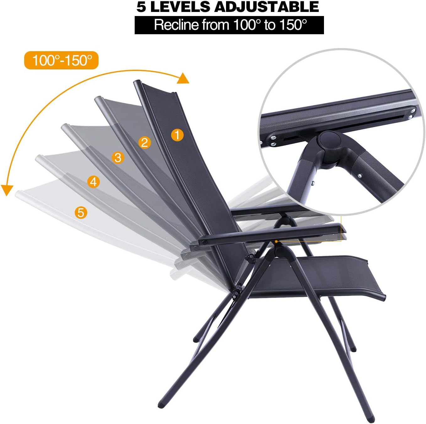 REDCAMP Patio Lounge Chair for Outside, Lightweight Aluminum Adjustable High Back Outdoor Sling Reclining Lawn Chairs Zero Gravity with Hard Arms, Black: Kitchen & Dining