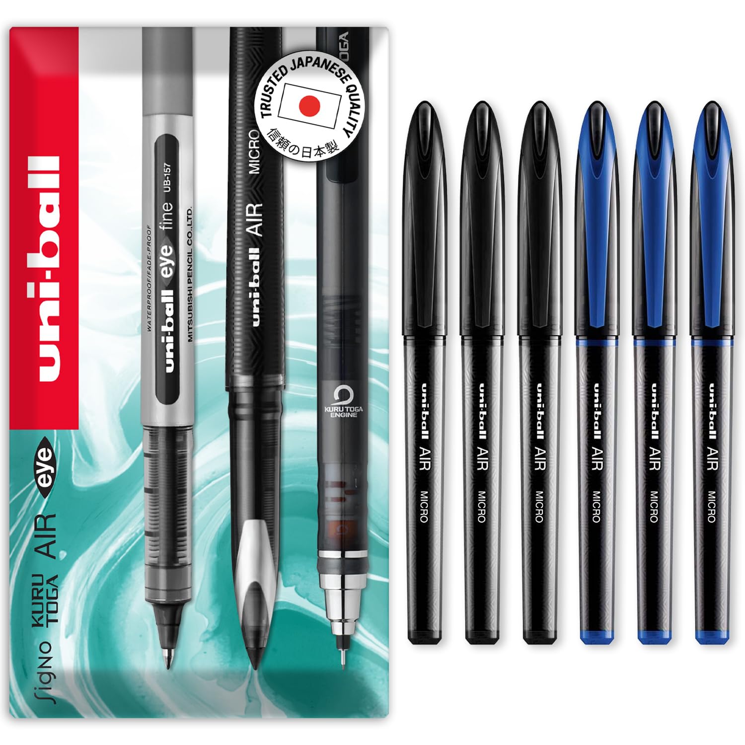 uni-ball AIR Micro - 0.5mm Fine Rollerball - UBA-188-M - In Envelope Gift Packaging (Pack of 6, Black and Blue)