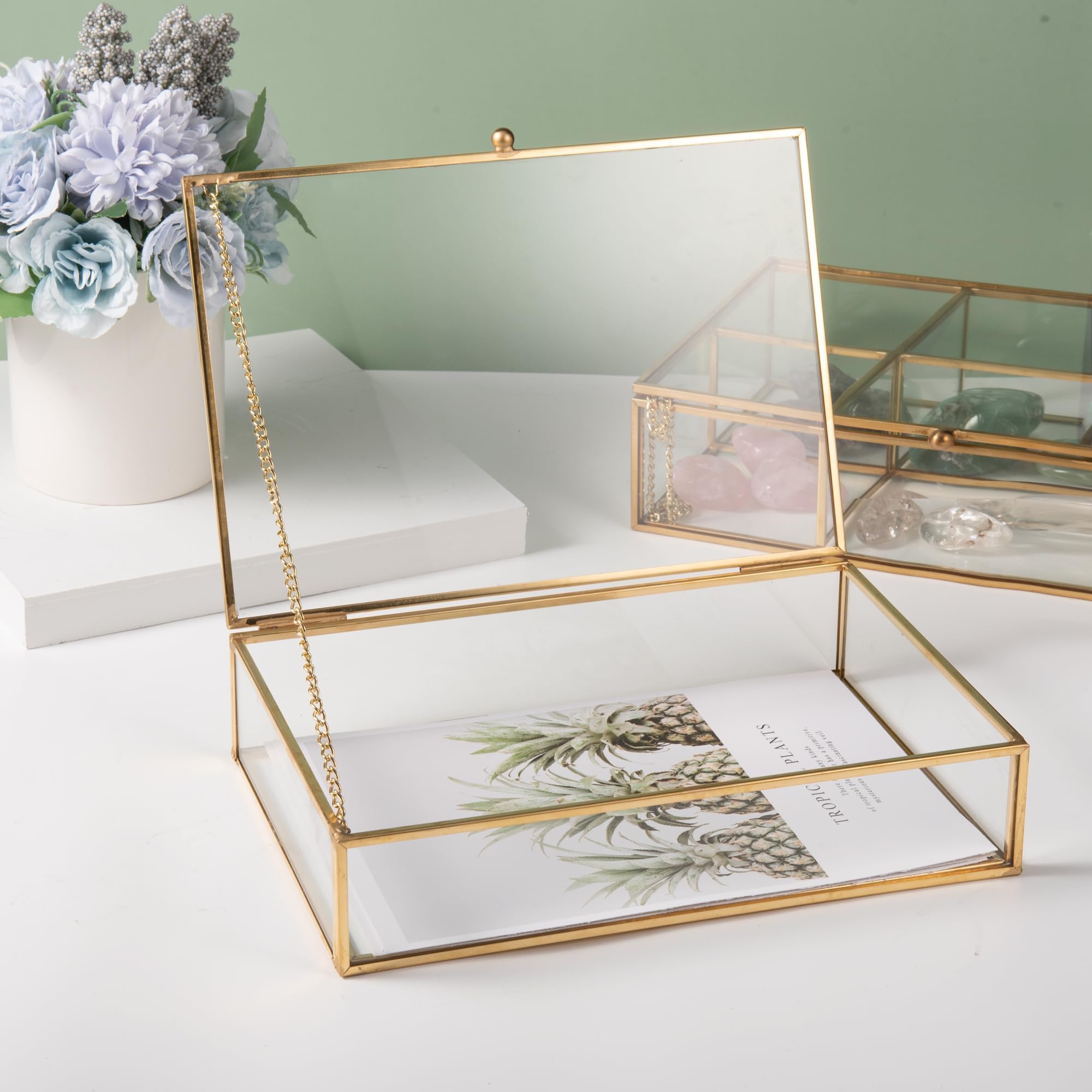 Photo 1 of Feyarl Gold Glass Jewelry Trinket Box 5 x 7 Photo Cards Shadow Lidded Box Organizer Collection Display Case Decorative Keepsake Box for Home Deco (8.66 x 5.9 x 1.96inch)