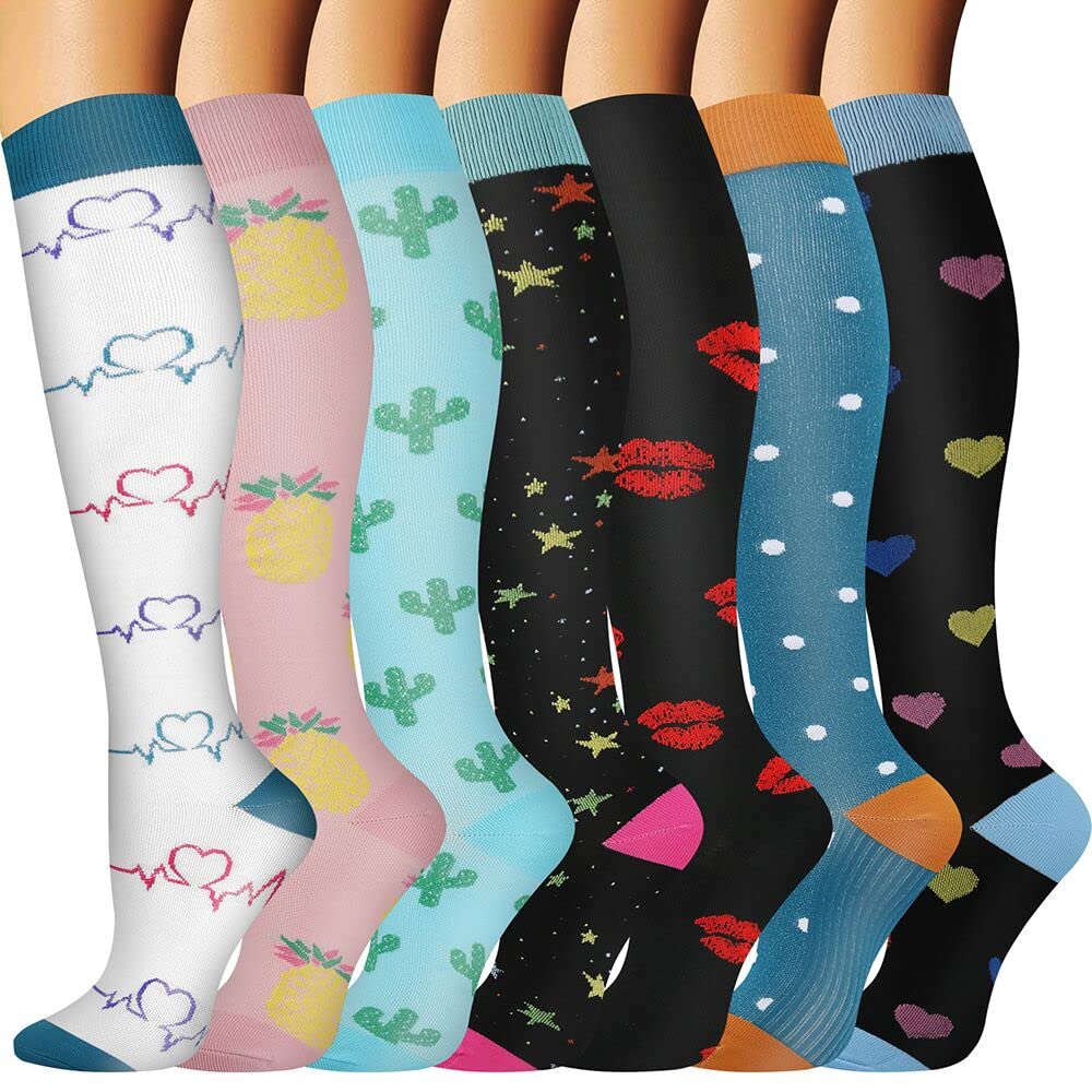 Odtmger Compression Socks（7 Pair for Women & Men Circulation 20-30mmhg Knee High Sock is Best Support for Athletic Running,Cycling