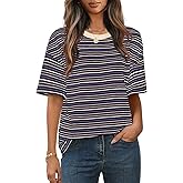 MEROKEETY Women's 2026 Summer Short Sleeve Tops Casual Colourful Striped Crewneck Loose Work T Shirts Blouses