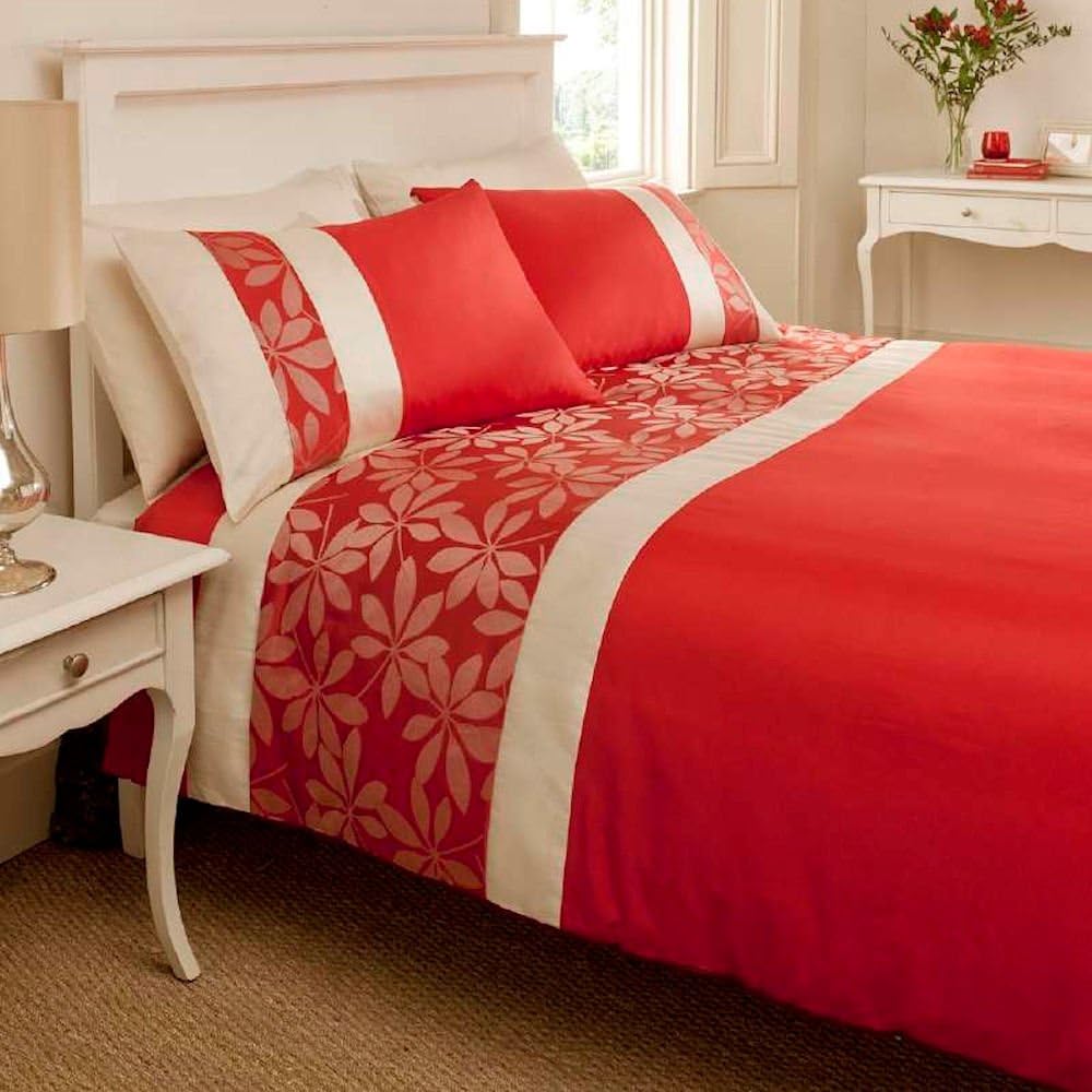 Catherine Lansfield Home Ivory Floral Jacquard Duvet Cover Set, Red
