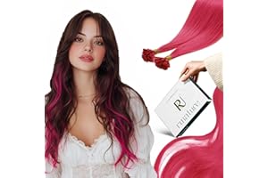 RUNATURE Hot Pink U Tip Hair Extensions Human Hair 16 Inch U Tip Real Human Hair Nail Tip Hair Extensions for Women Pink Hot 